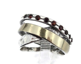 Garnet Ring made of Sterling Silver and 9K Yellow Gold, Israeli Garnet Ring, Silver Ring, Gold Ring