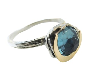 Zircon Ring, sterling silver and Gold, Handmade, Silver ring, small ring  Unique design, Hadar Jewelry ring blue zircon (110r)