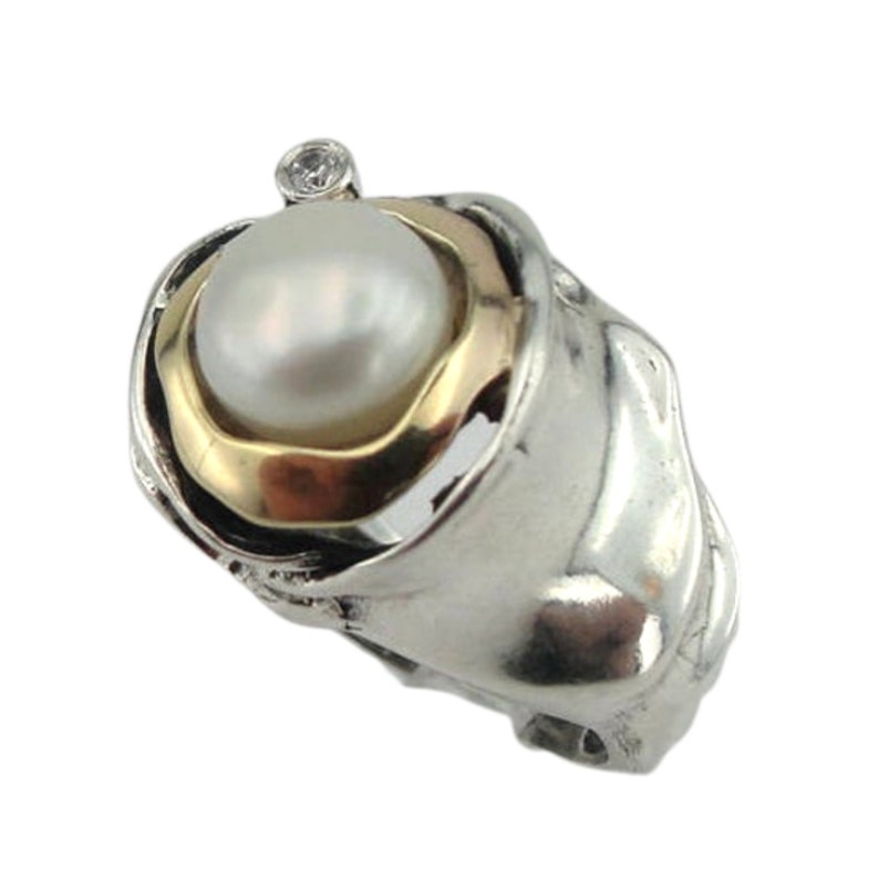 Hadar Jewelry Handcrafted Israel Art Sterling Silver Pearl Ring Gold 9k Zircon Gift For Her