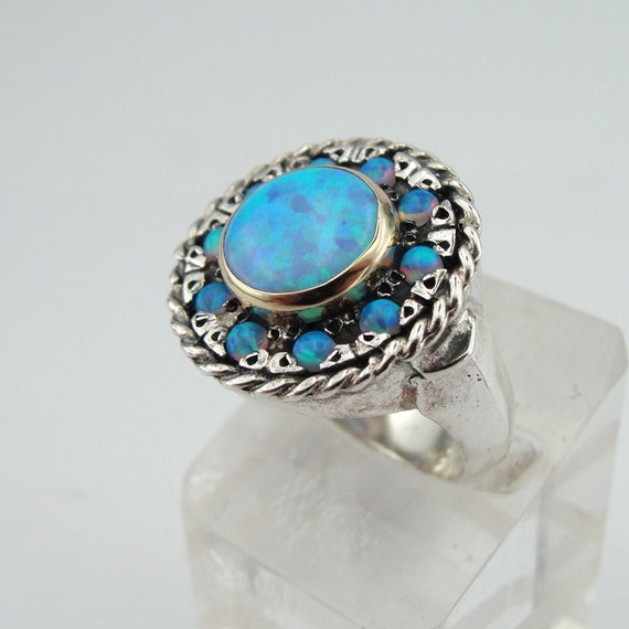 Items similar to Blue Opal Ring, Round Ring, Silver and Gold Ring, Opal