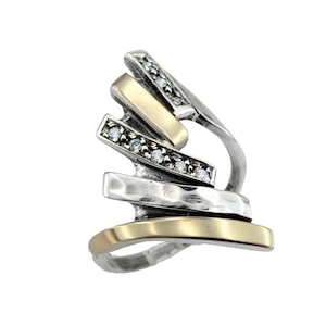 Zircon Ring, Sterling Silver and yellow Gold Ring,, Handmade Silver and Gold Ring, Israeli Designs, Hadar Jewelry ready to ship size 8.5