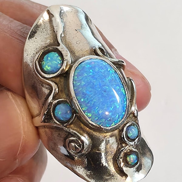 Long Opal Sterling Silver Ring - Handmade Israel Jewelry
