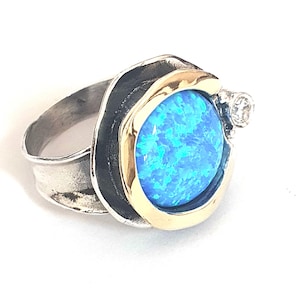 Opal Ring, Hadar Jewelry, Silver and Gold Ring, Israel Jewelry, Sterling Silver and Yellow Gold Opal Opal Ring, Blue Opal, Zircon  (ms 958r