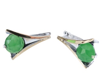 Jade Gemstone earrings, Sterling Silver and Yellow Gold Earrings, Green Gemstone earrings, Handmade earrings, Israeli designs, Hadra Jewelry