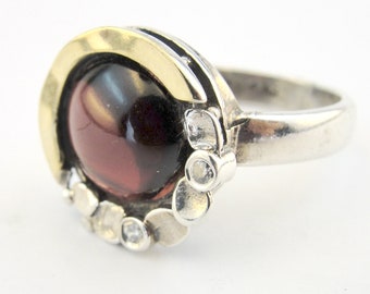 Round Sterling Silver & Yellow Gold Garnet rings, Israeli jewelry and made in Israel, Big garnet gemstone rings, perfect gift