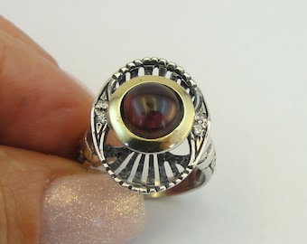Ring With Garnet & Zircon Stone, 925 Sterling Silver, 9K Yellow Gold, Israeli Jewelry, Gemstone Ring, Silver Gold Ring