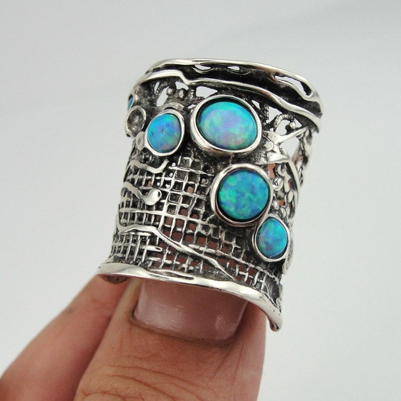 Israeli Jewelry made in Israel solid Sterling Silver Blue Mosaic Opal Ring great gift available in many other gemstones Wide net texture