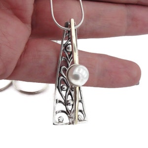 Pearl pendant, Sterling Silver and Yellow Gold pendant, Long Pearl pendant, Handmade Swivel Pendant, Israeli Designers, Hadar Jewelry