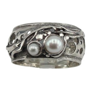 Israel Design 925 Sterling Silver Filigree Band Pearl Woman Ring