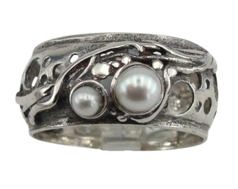 Israel Design 925 Sterling Silver Filigree Band Pearl Woman Ring