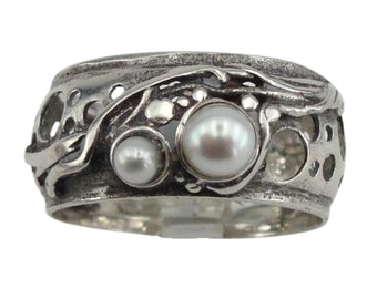 Pearl Ring, Sterling Silver Ring, Wide Silver Ring, Handmade White Pearl Ring, Filigree Silver Ring, Israeli Designers, Hadar Jewelry