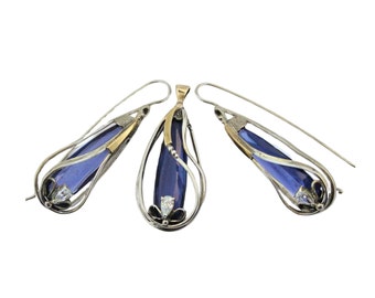 Blue Zircon Jewelry Set: Sterling Silver & Yellow Gold Earrings Pendant, Handmade by Hadar