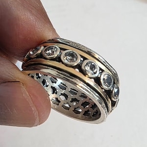 9K Gold & Sterling Silver Spinner Ring: Handmade CZ Swivel Ring