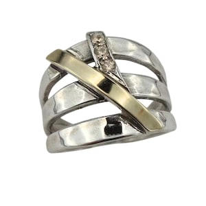 Colorless zircon Ring ,Sterling silver , 9k yellow Gold, Israel Handmade,unique design, Hadar Jewelry