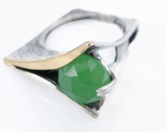 Green Zircon Ring, Sterling Silver and 9K Yellow Gold, Handmade, Unique Design, Israeli design,Hadar Jewelry