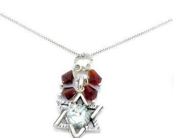 Glass & Stone Pendant Judaic symbols Sterling Silver  Pendant with Roman Glass and Garnet Israeli Jewelry hadarjewelry,FREE SHIPPING(150812)