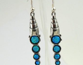 Dainty Blue Opal Earrings: Sterling Silver Dangle Earrings