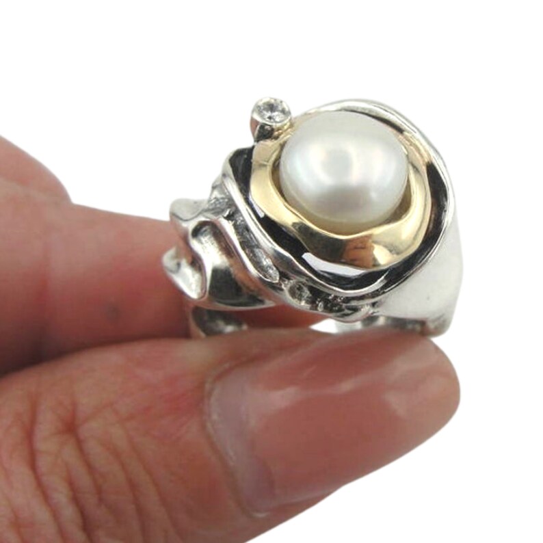 Hadar Jewelry Handcrafted Israel Art Sterling Silver Pearl Ring Gold 9k Zircon Gift For Her