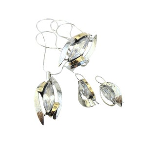 Zircon Set, Sterling Silver and Yellow Gold Set, Zircon Ring, Zircon Earrings, White Zircon Pendant, Israeli Designers, Hadar Jewelry