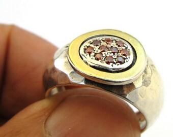 CZ Garnet Ring, Hadar Jewelry Israel Art Silver And 9K Yellow Gold Garnet Ring Ready to ship, 9k Gold l Ring, Gift