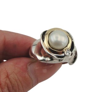 Hadar Jewelry Handcrafted Israel Art Sterling Silver Pearl Ring Gold 9k Zircon Gift For Her image 9