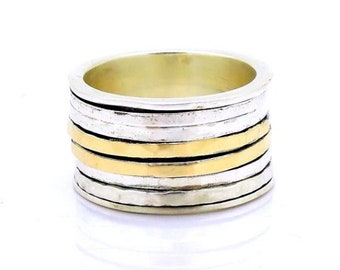 Silver and gold spinner spinner ring, wide and hammered (r56)