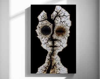 Abstract cracked face art print, contemporary illustration poster, surreal mask motif, hallway gallery display 537