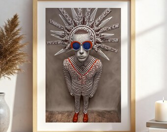 Blue-Tinted Idol No.17, unique abstract gift, modern surreal design, dorm room decor, detailed patterned poster 32