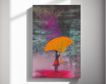 Yellow Umbrella Rain, Pop art wall print, Modern canvas poster, Contemporary gallery decor 569