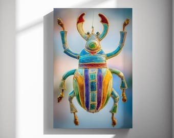 Colorful Beetle Wall Art, Mosaic Scarab Poster, Bright Kids Room Canvas, Whimsical Nursery Print 552