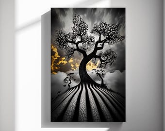 Surreal tree landscape art print, graphic illustration poster, conceptual nature style, gallery wall decor 540