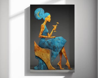 Woman with cocktail, relief sculpture art print, modern illustration poster, gallery wall decor 536