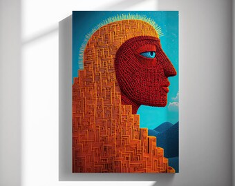 Woven Profile, Surreal portrait print, Red lattice face, Modern canvas, Gallery wall decor 572