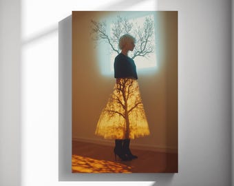 Woman and tree silhouette, Concept art print, Double exposure wall poster, Living room gallery decor 469