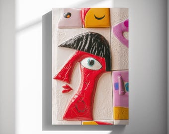 Cubist Woman Profile, Ceramic tile relief print, Abstract poster, Modern wall canvas, Gallery decor 563