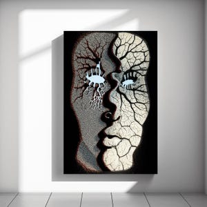 May include: Abstract artwork featuring a split face design. One side is textured with a tree-like pattern, the other with a cracked earth effect. Light blue eye shapes and a dark background enhance the contrast. The artwork is displayed on a white wall.