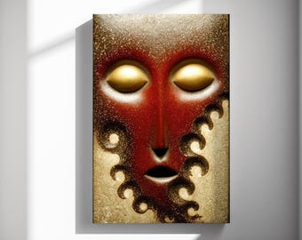 Golden Slumber Mask, Modern art print, Ceramic sculpture poster, Surrealist decor, Living room canvas 547