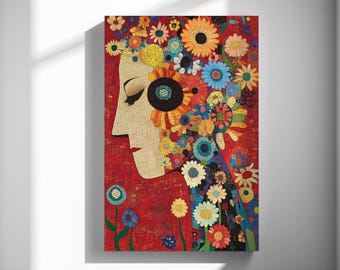 Woman mosaic art print, floral head profile poster, folk gallery display 479