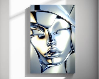 Liquid Silver Face, Abstract portrait print, Minimal chrome canvas, Modern gallery decor, Luxe statement 576