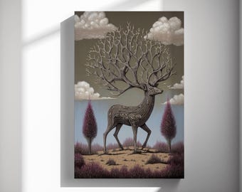 Deer folk art print, graphic illustration poster, fantasy nature theme, entryway gallery display 484