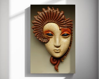 Ceramic mask portrait, graphic relief illustration poster, mythic visage theme, hallway gallery display 546