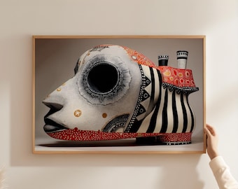 Carnival Shoe Vessel, Modern mask illustration, Folk surrealism print, Minimal graphic poster, Office wall art 136