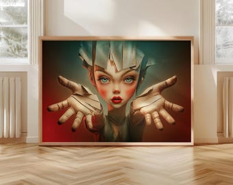 Paper Crown, whimsical fantasy gift, surreal modern imagery, dorm room decor, portrait poster 36