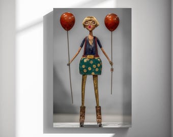 Girl figure with balloons, sculpture photography art print, assemblage folk style, gallery wall decor 534