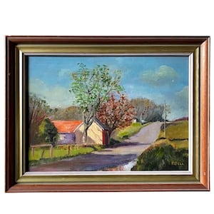 P. Bell “The Road Home” framed oil on board painting, impressionist country road scene,  landscape farm vintage 20th century
