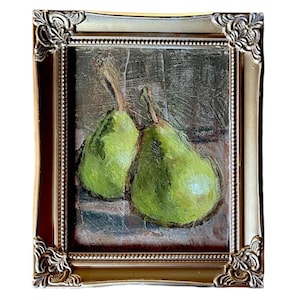 Contemporary original still life oil on board painting pears, kitchen art