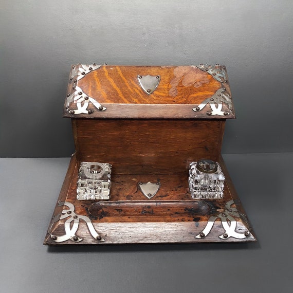 Antique Stationery Box And Ink Stand Edwardian Standish Writing Inkstand Desk Letter Rack Epns Wood