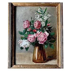 Original French signed varnished oil on board painting in vintage painted gold frame, mid century affordable art