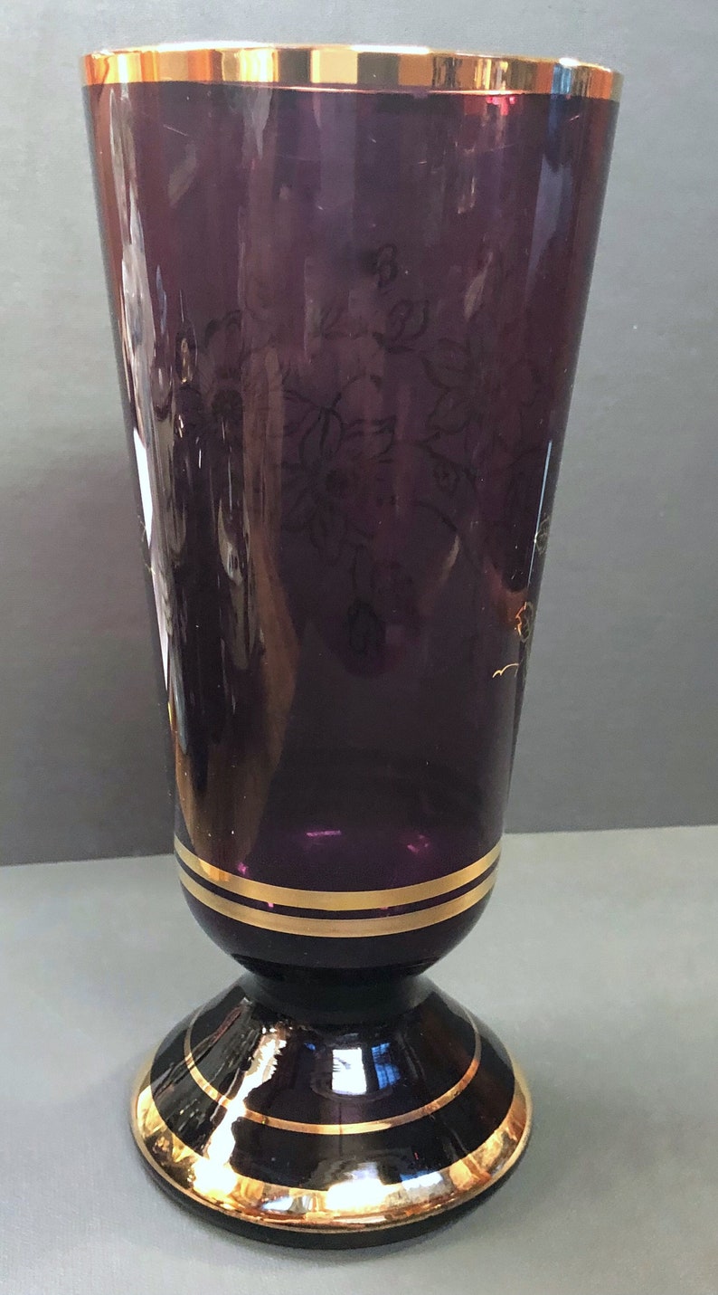 Vintage Amethyst Glass Vase Purple Glass Vase Gold Floral Etsy