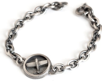 fathers day gift, Airplane Bracelet – Mens Chain Link Bracelet in 925 Sterling Silver